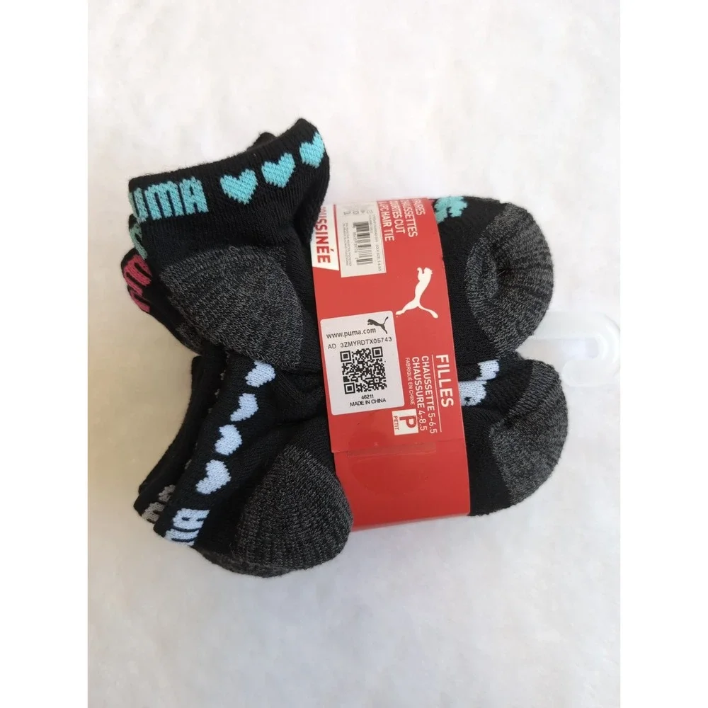 PUMA Girls 8 Pack Low Cut Heart Socks + 4  Hair Ties, 5-6.5, Black/Multi Small